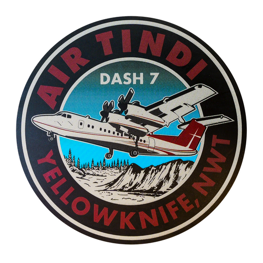 Round Air Tindi Dash 7 sticker featuring a Dash 7 aircraft flying over a northern landscape