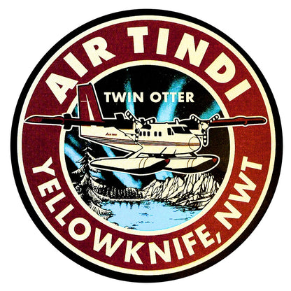 Round Air Tindi Twin Otter sticker featuring a Twin Otter aircraft flying over a northern landscape