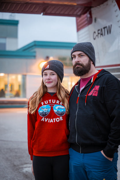 Air Tindi Future Aviator Youth Hoodie in red, shown worn with Air Tindi Signature Full Zip Hoodie