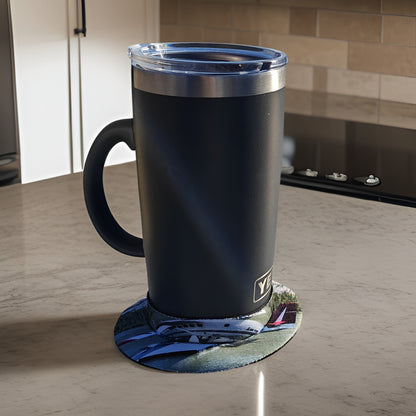 Air Tindi Lil’ Sucker cup holder in Twin Otter Floats securing a travel mug on a countertop