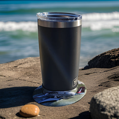 Air Tindi Lil’ Sucker cup holder in Air Tindi Floats securing a travel mug on a rock