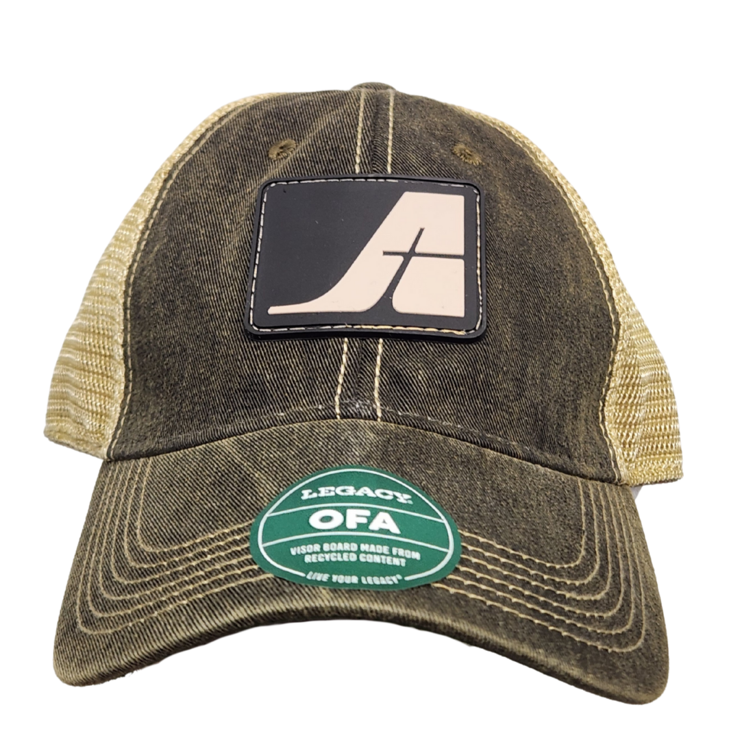 Air Tindi black and gold trucker hat with front logo patch